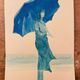 Monochrome blue painting signed female portrait "weekend in Deauville"