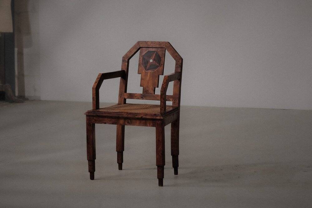 Art Deco armchair, marquetry and cane, circa 1930