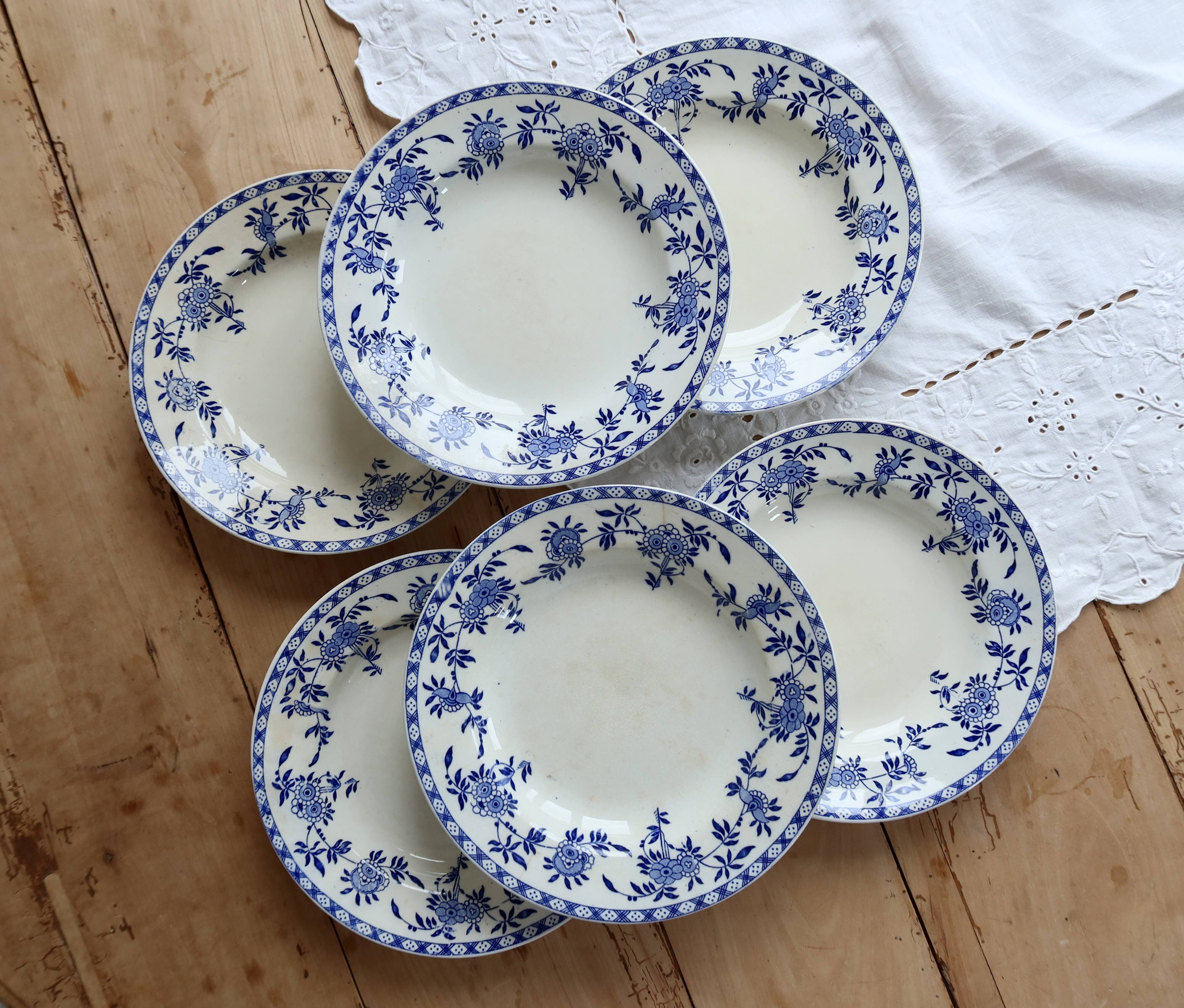 6 antique deep plates, blue and white Dresden porcelain