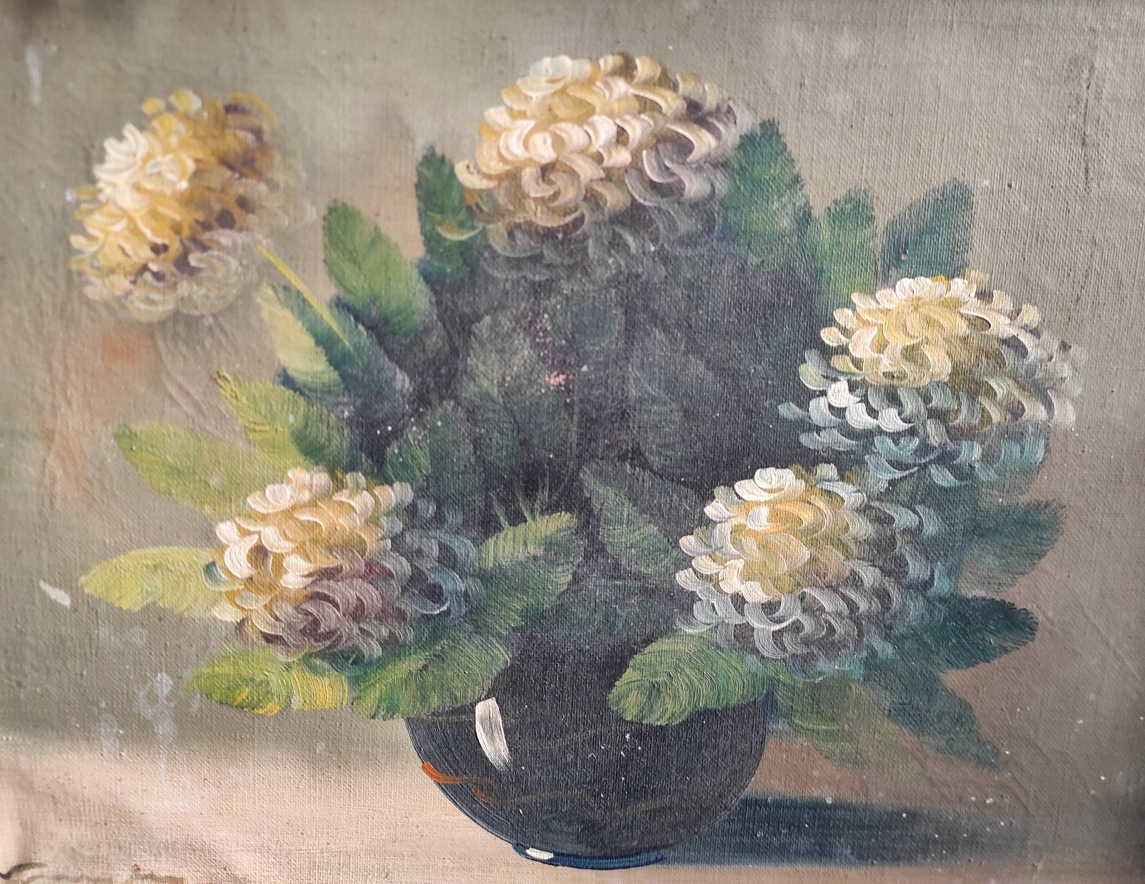 Vintage French oil painting of chrysanthemums, signed