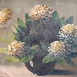 Vintage French oil painting of chrysanthemums, signed