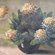 Vintage French oil painting of chrysanthemums, signed