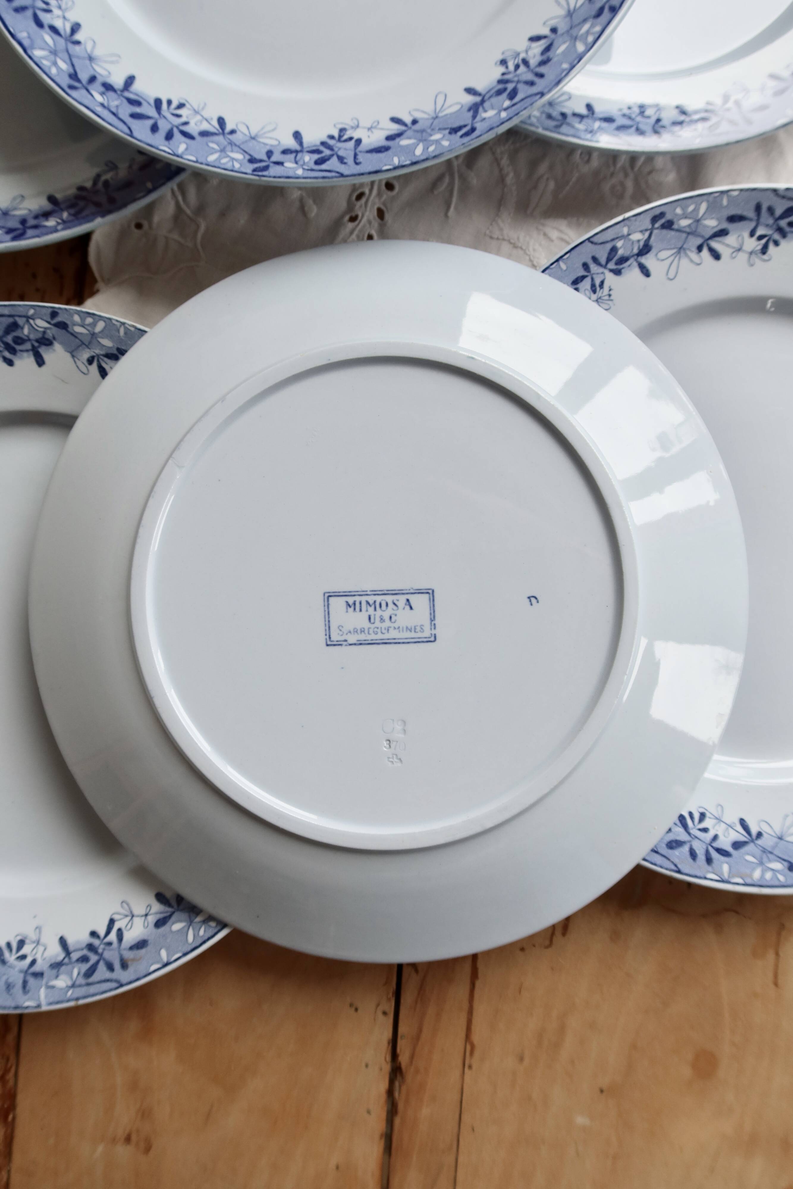 6 antique flat plates from Sarreguemines U&C in the Mimosa blue pattern.