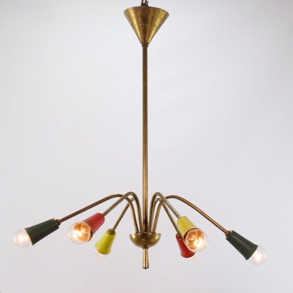 Vintage chandelier 1950, 6 arms, brass and colors, 60cm in diameter