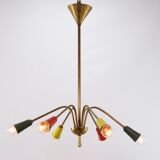 Vintage chandelier 1950, 6 arms, brass and colors, 60cm in diameter