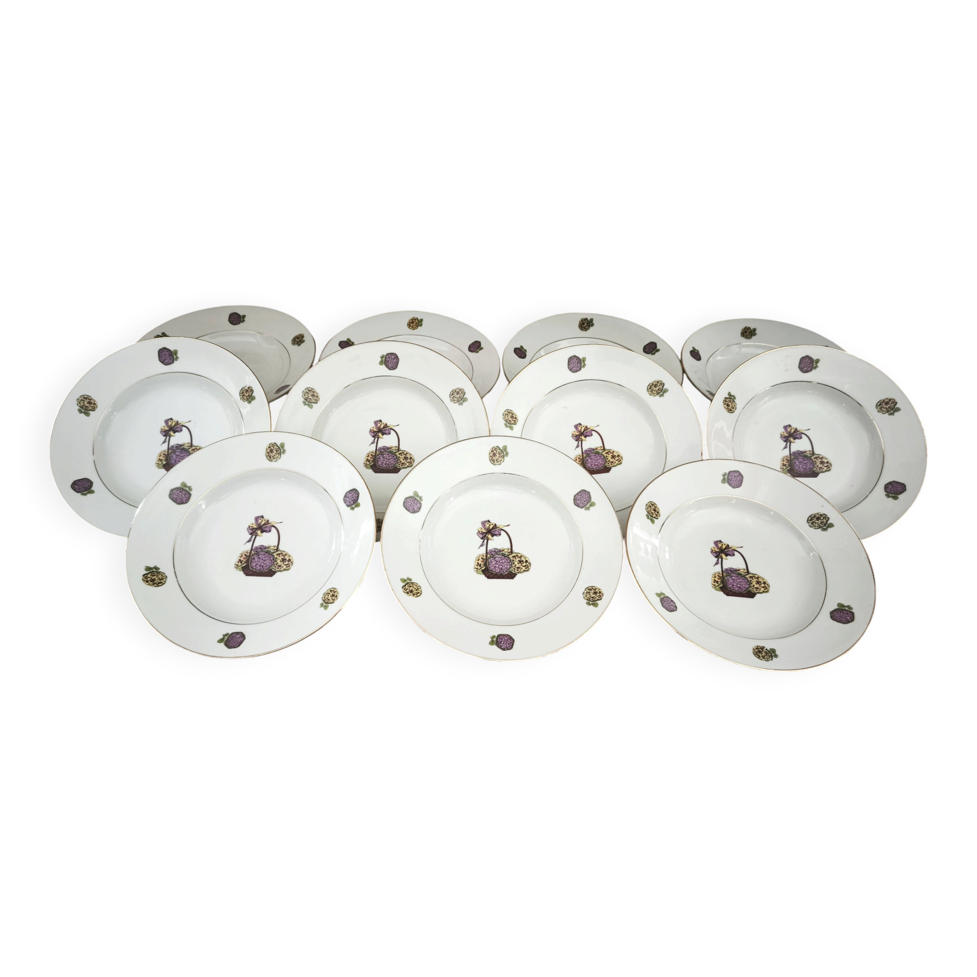 Lot de 11 assiettes creuses Limoges France décor panier d'hortensias