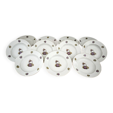 Set of 11 deep plates Limoges France hydrangea basket design