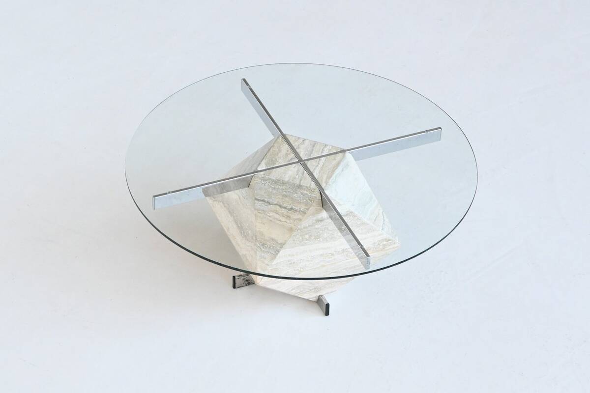 Diamond shaped coffee table in travertine and chrome Italy 1960