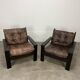 Living room sofa and brutalist armchairs in leather and wood, 70s, chalet style