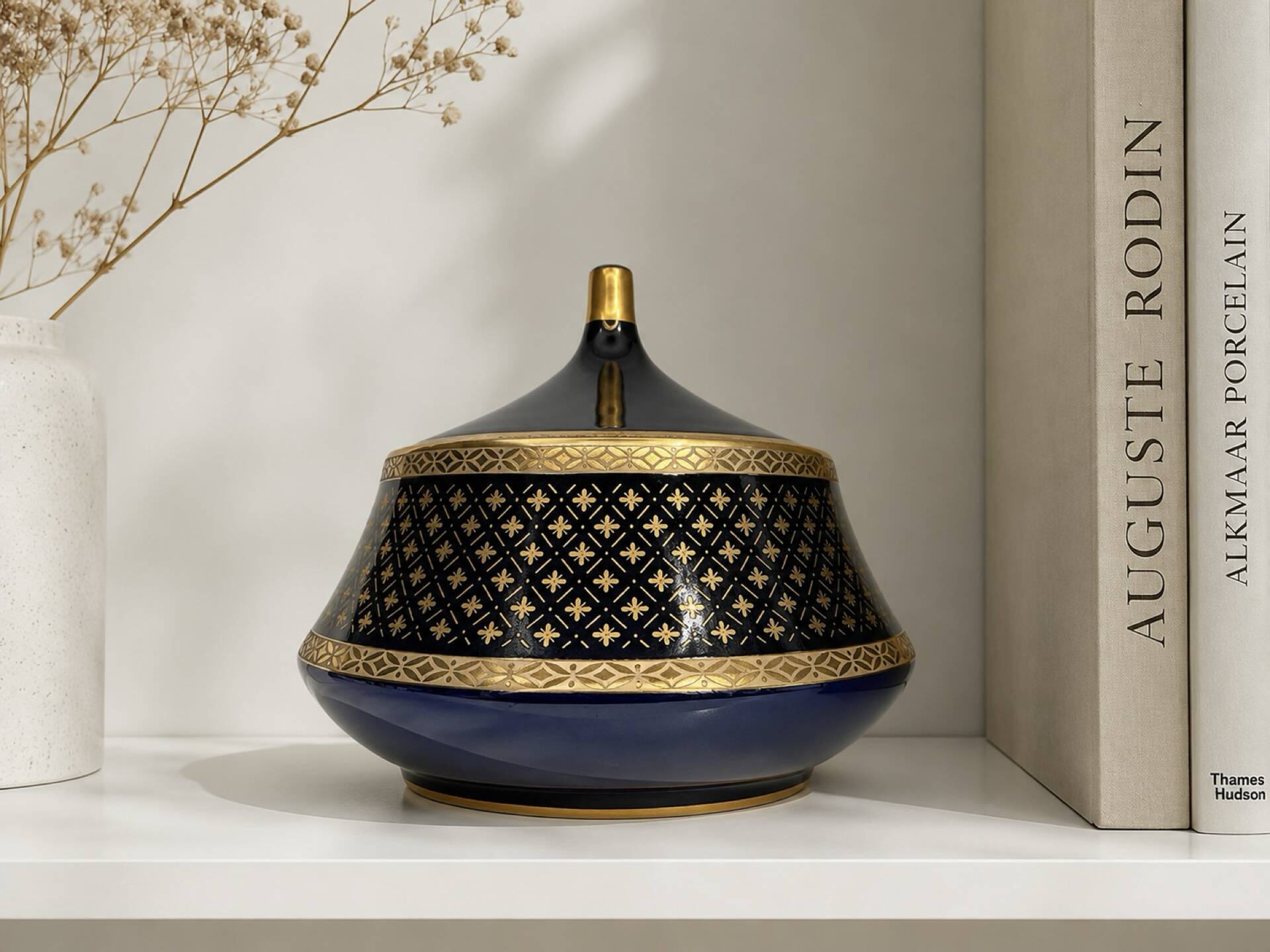 Vintage cobalt blue and gold porcelain bonbonnière.