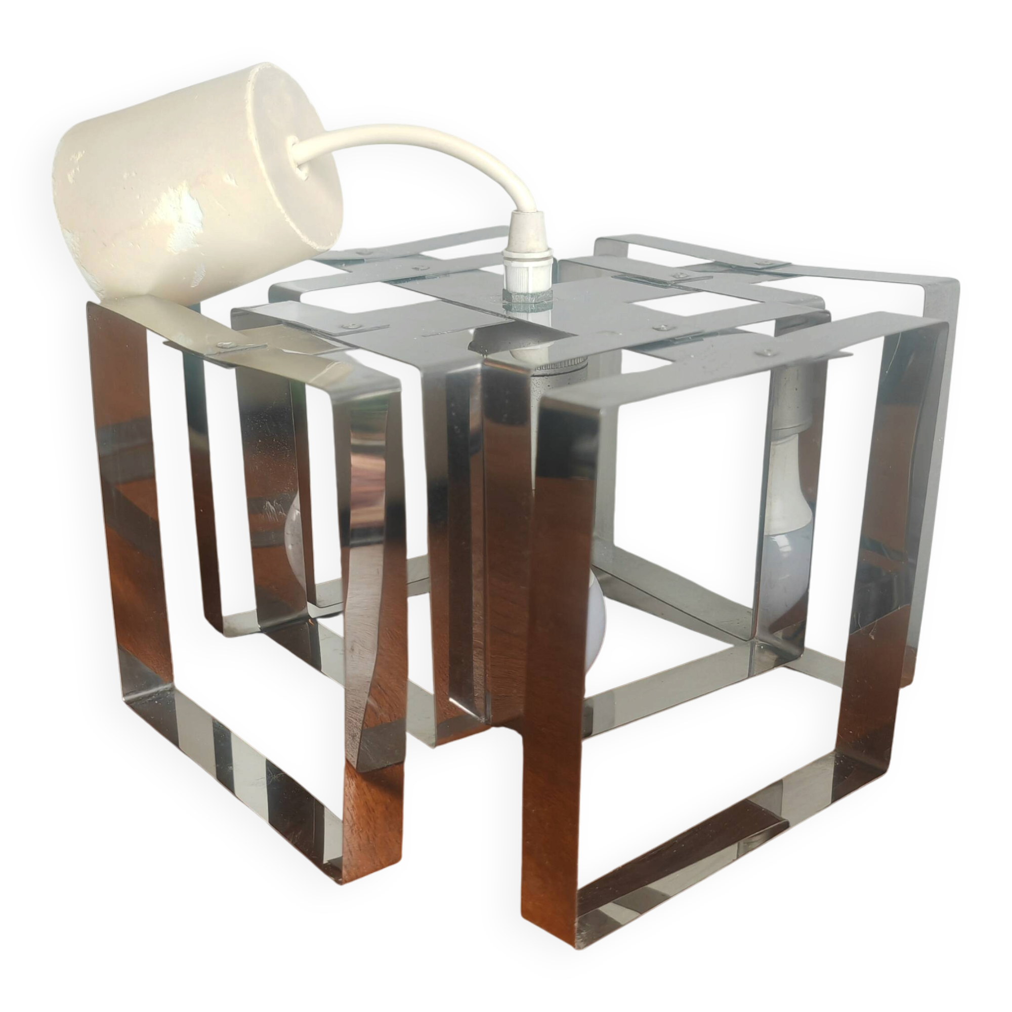 Lampe Cube Métal Chromé Vintage 70s - Style Sciolari / Rega