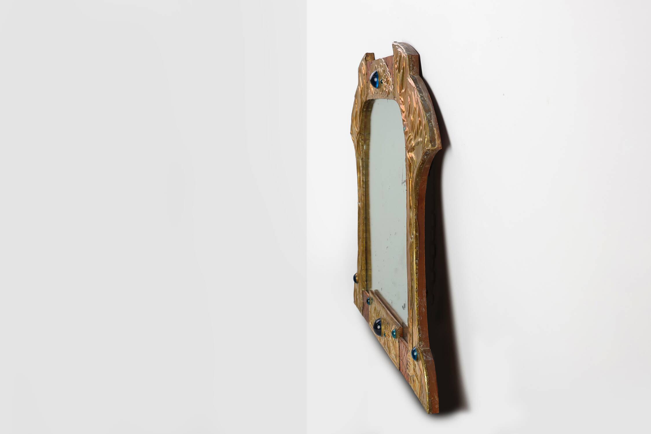 Art Nouveau Mirror in Brass and Glass Inlay, Signed A.H. Villaket, France