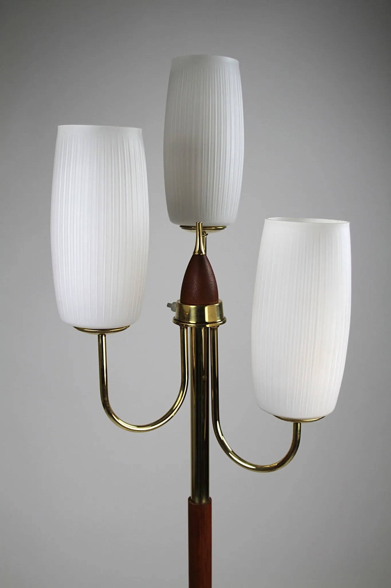 Brass & Teak Three-Light Candelabra Floor Lamp — Scandinavia, 1940s/1950s