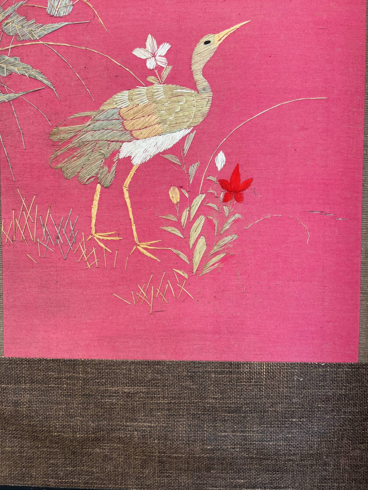 4-panel Japanese screen, 19th century, bird silk embroidery