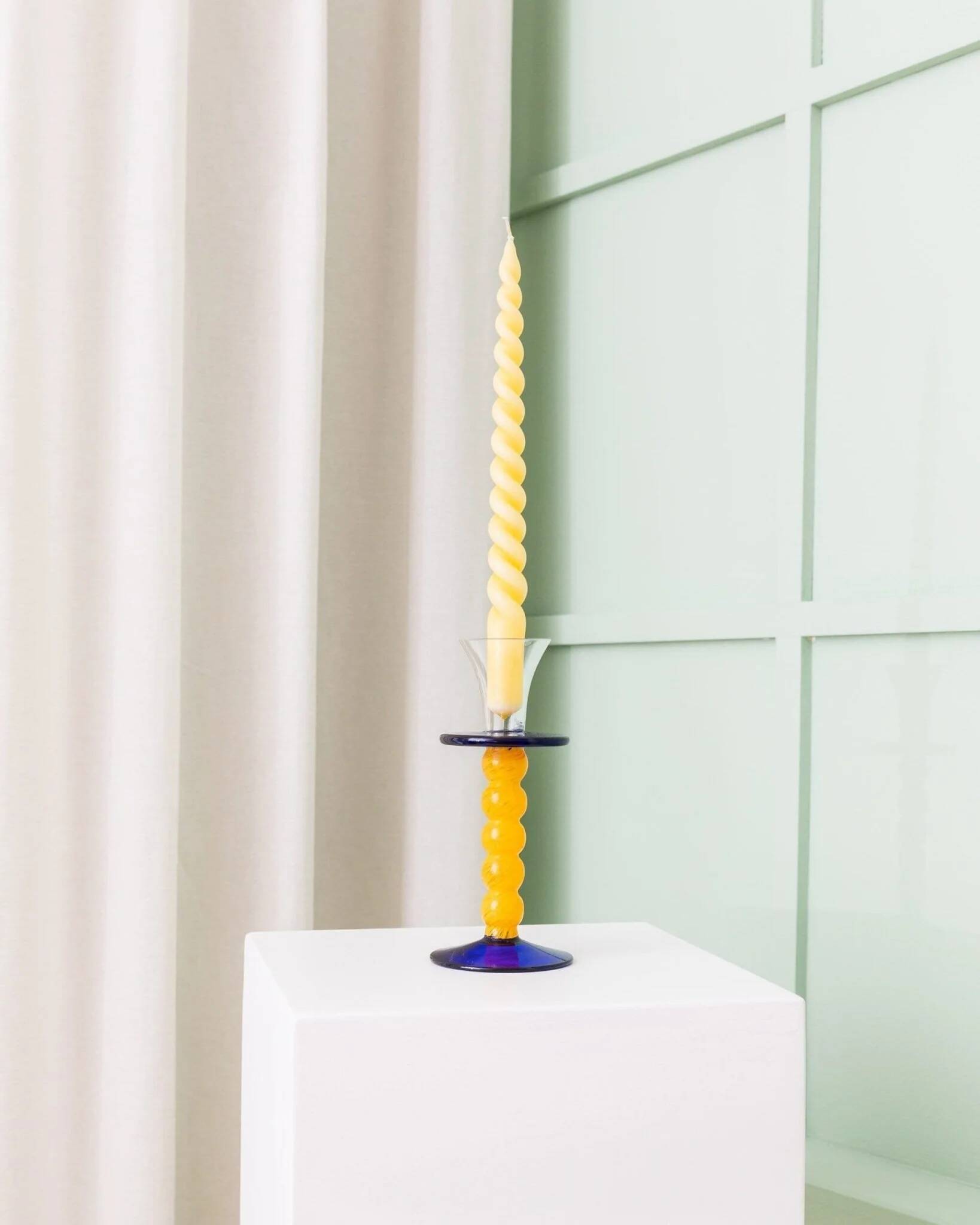 Murano Glass Candleholder - Postmodern Memphis Milano 1980s, Yellow Stem, Cobalt Base, Clear Cup