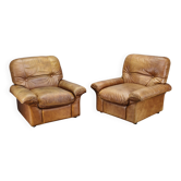 Paire de fauteuils lounge en cuir buffle cognac Arcon Italia