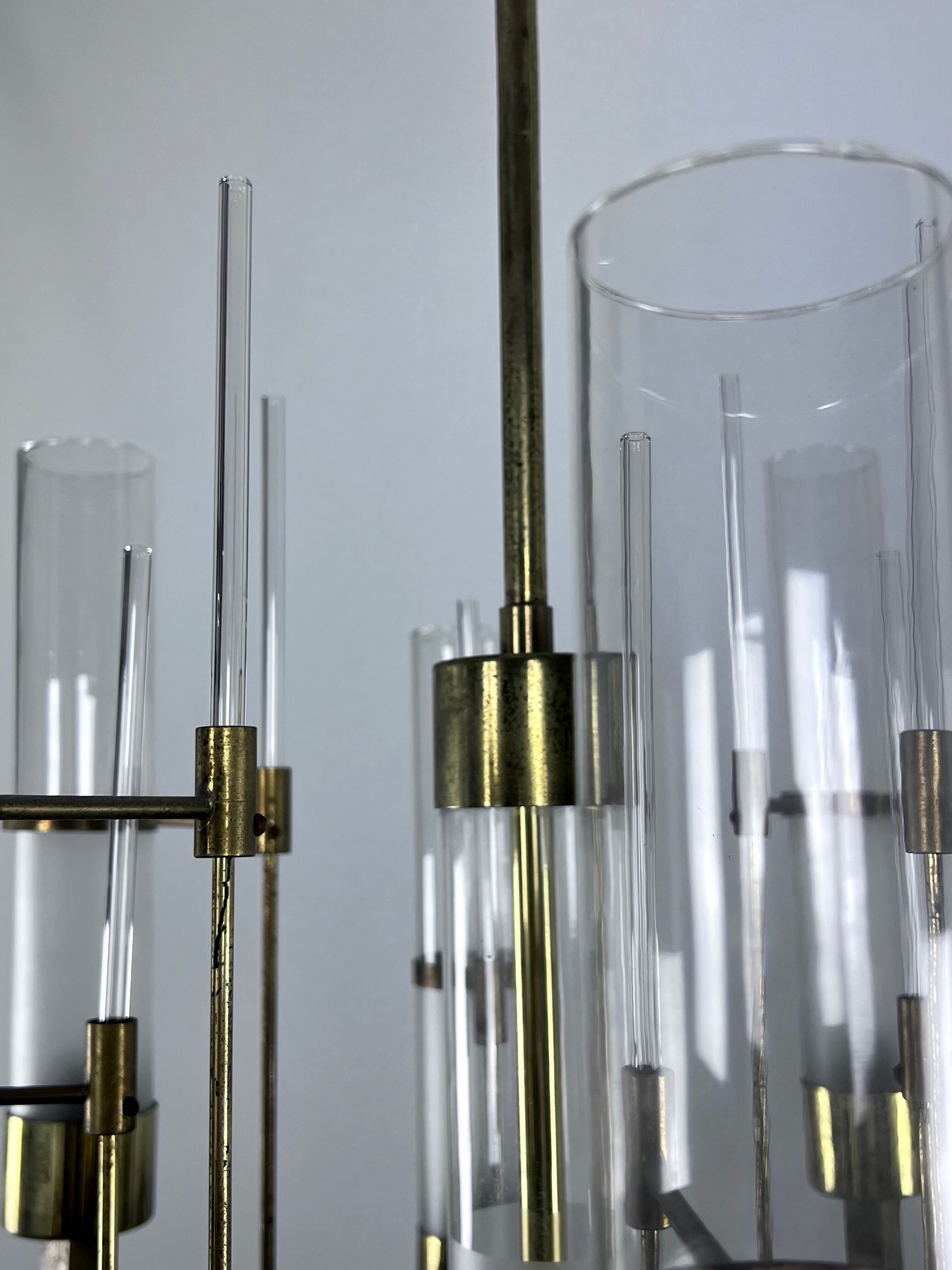 Sciolari, eight arms brass and glass tube chandelier. Italy 1960s