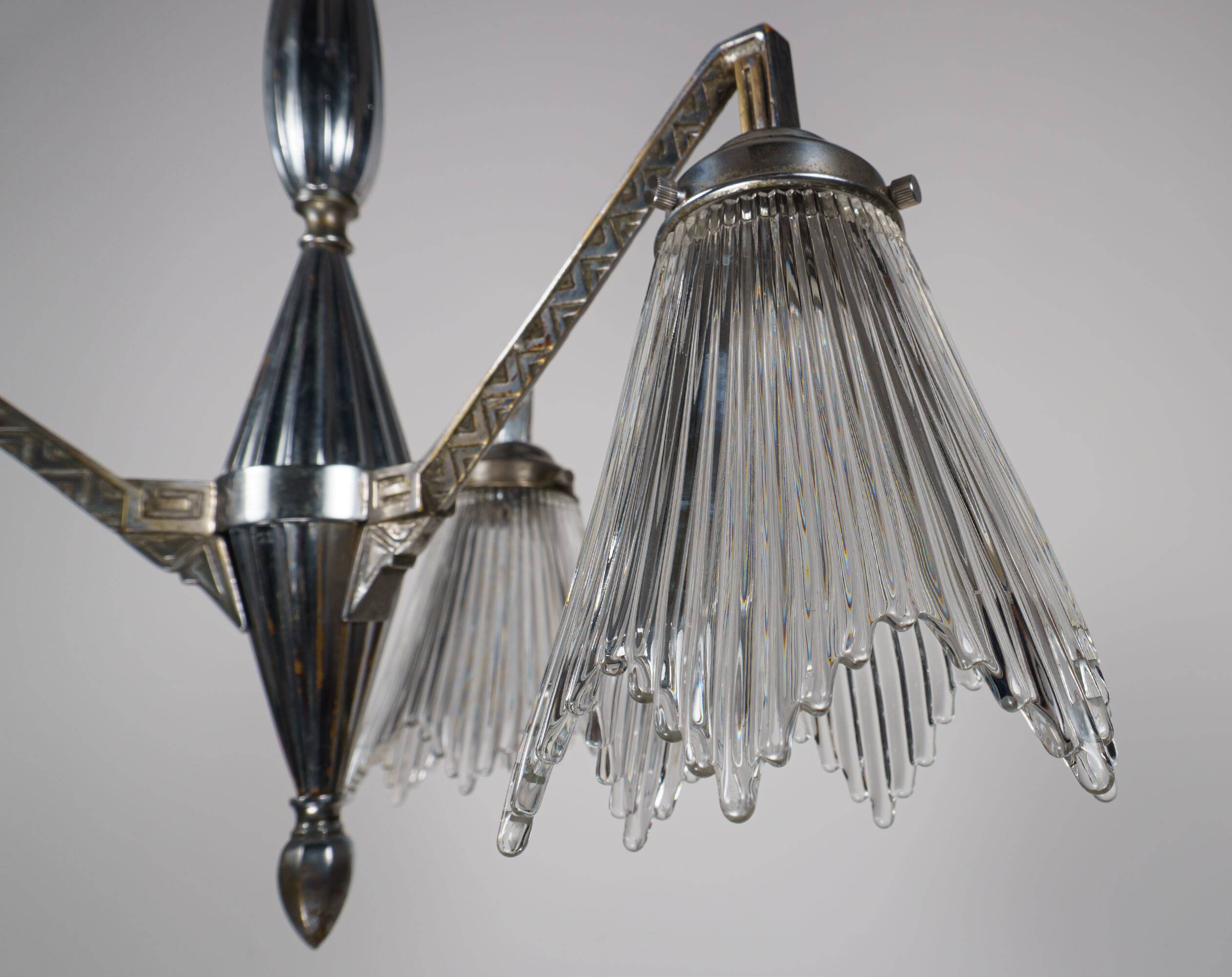 1930s French Art Deco Chrome Chandelier with Prismatic Glass Shades