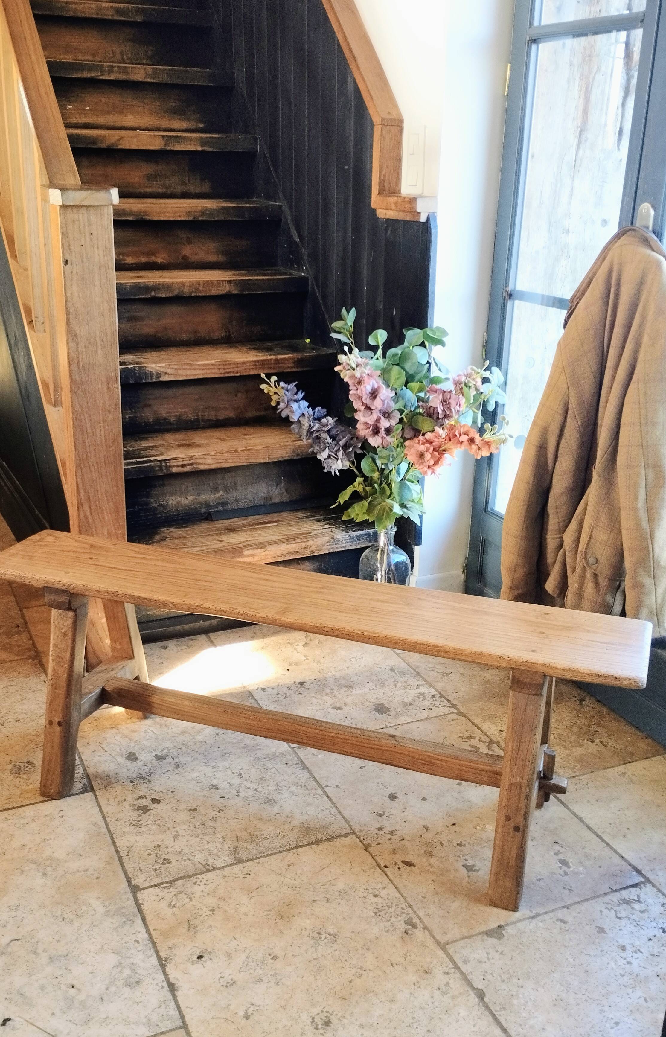 "A frame" bench in solid oak, patinated.