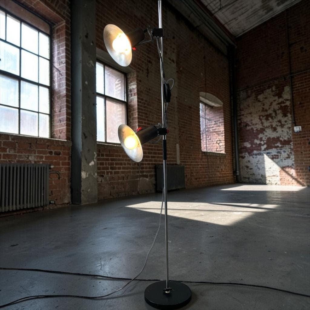 Vintage green fluorescent floor lamp with spots.