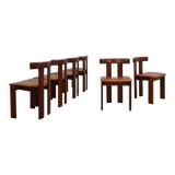 Ensemble de 6 chaises Luigi Vaghi en bois massif et cuir, ANCIENNES années 1970