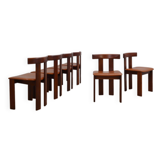 Ensemble de 6 chaises Luigi Vaghi en bois massif et cuir, ANCIENNES années 1970