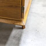 French wardrobe with tapered legs, 3 doors, 1 mirror (27*130), and 1 drawer.