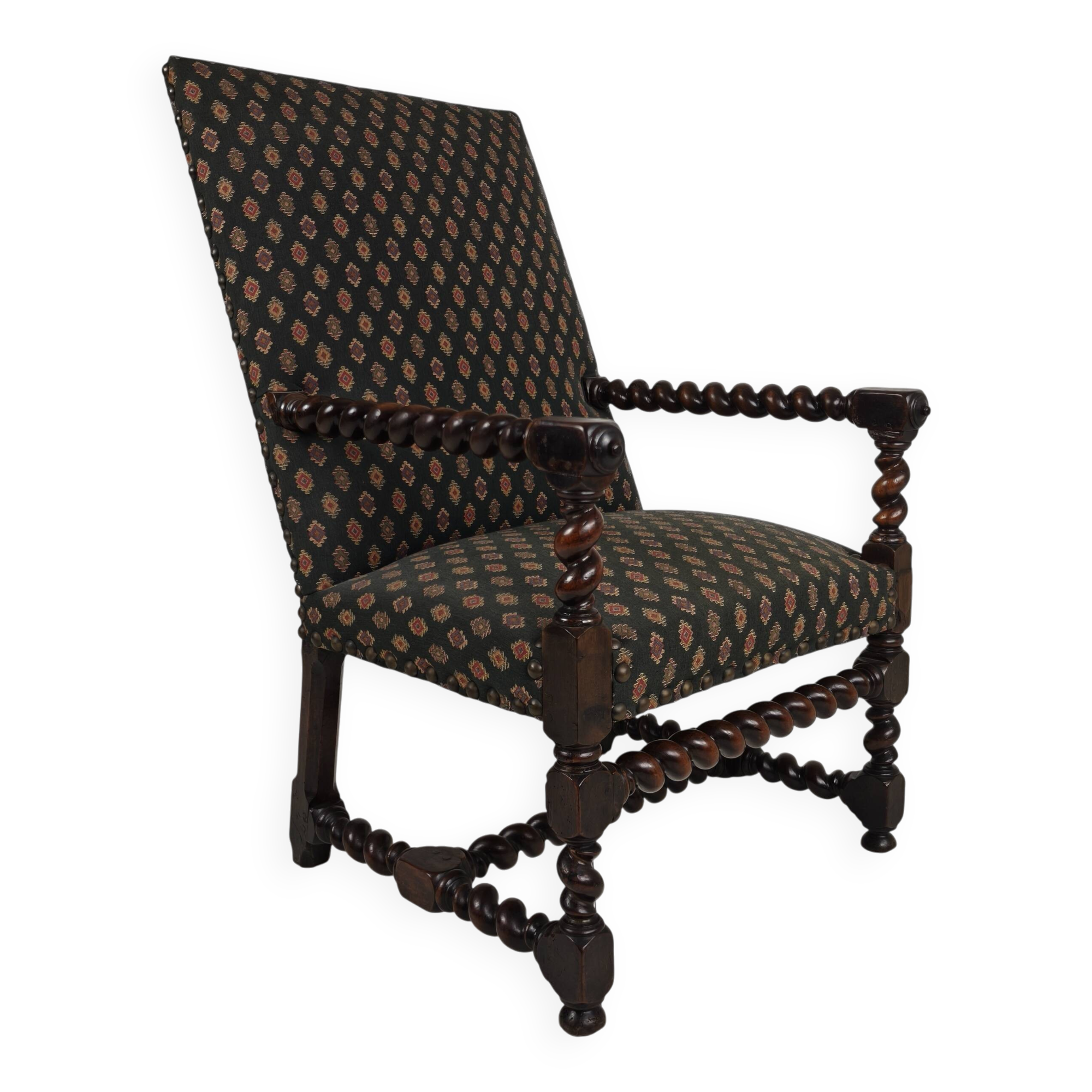 English Barley Twist Library Armchair in Dark Oak, circa 1700