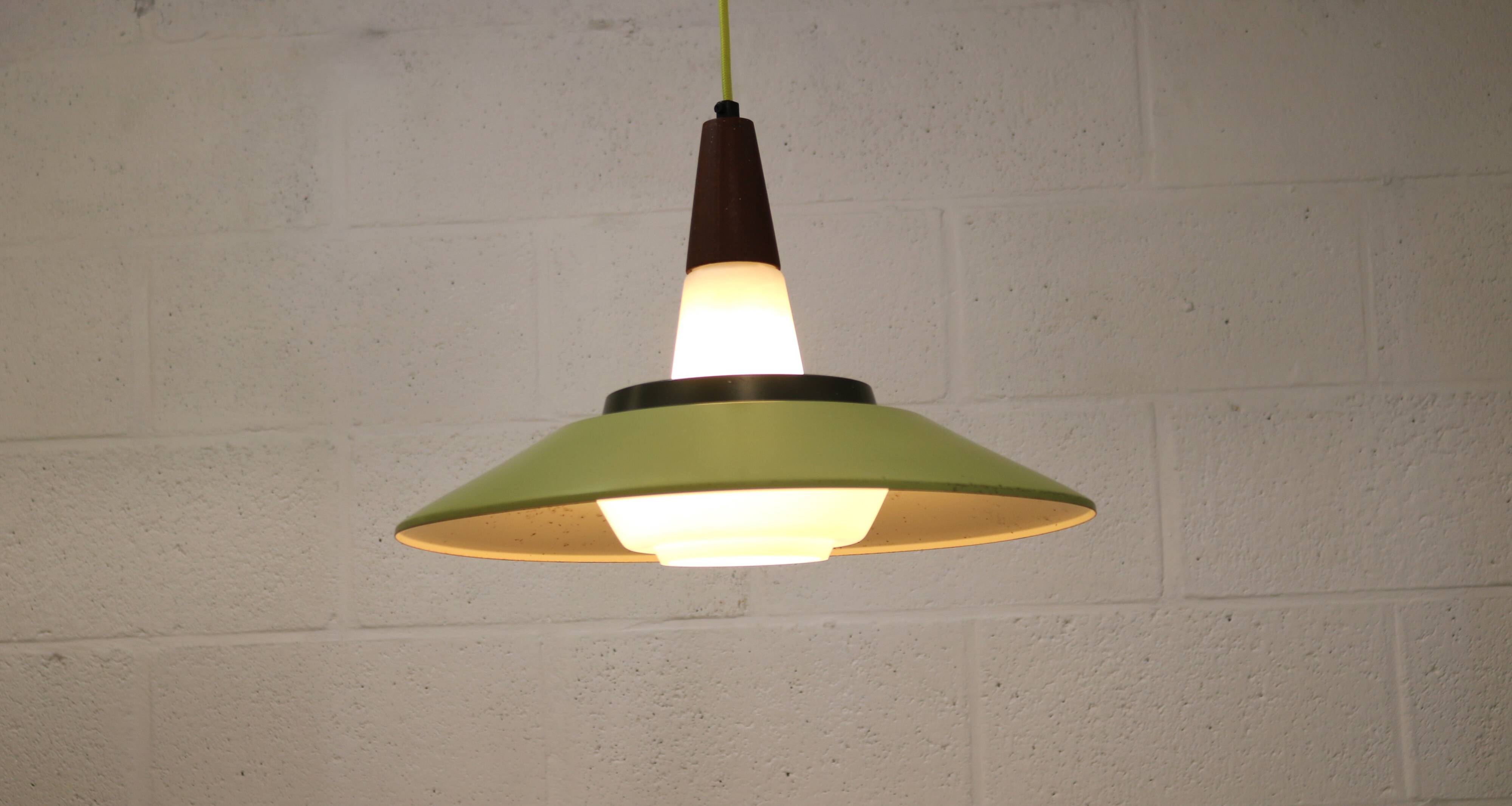 Opal glass and green aluminium shade vintage lamp by Voss Belysning - Denmark