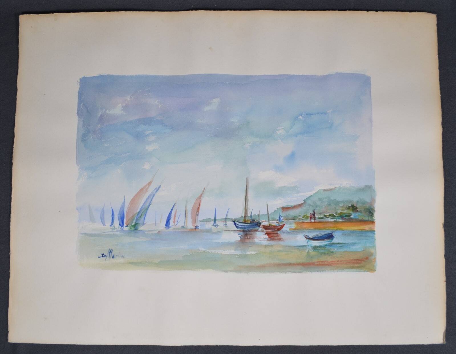French school 20th century d martine: sailboats on the sea, watercolor