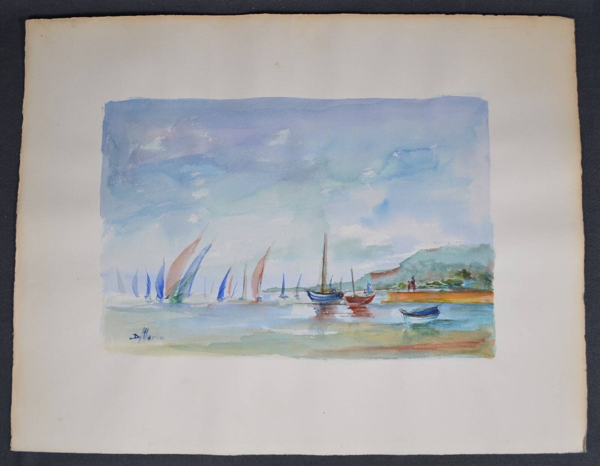 French school 20th century d martine: sailboats on the sea, watercolor