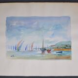Ecole française xxème siècle d martine : voiliers sur la mer aquarelle