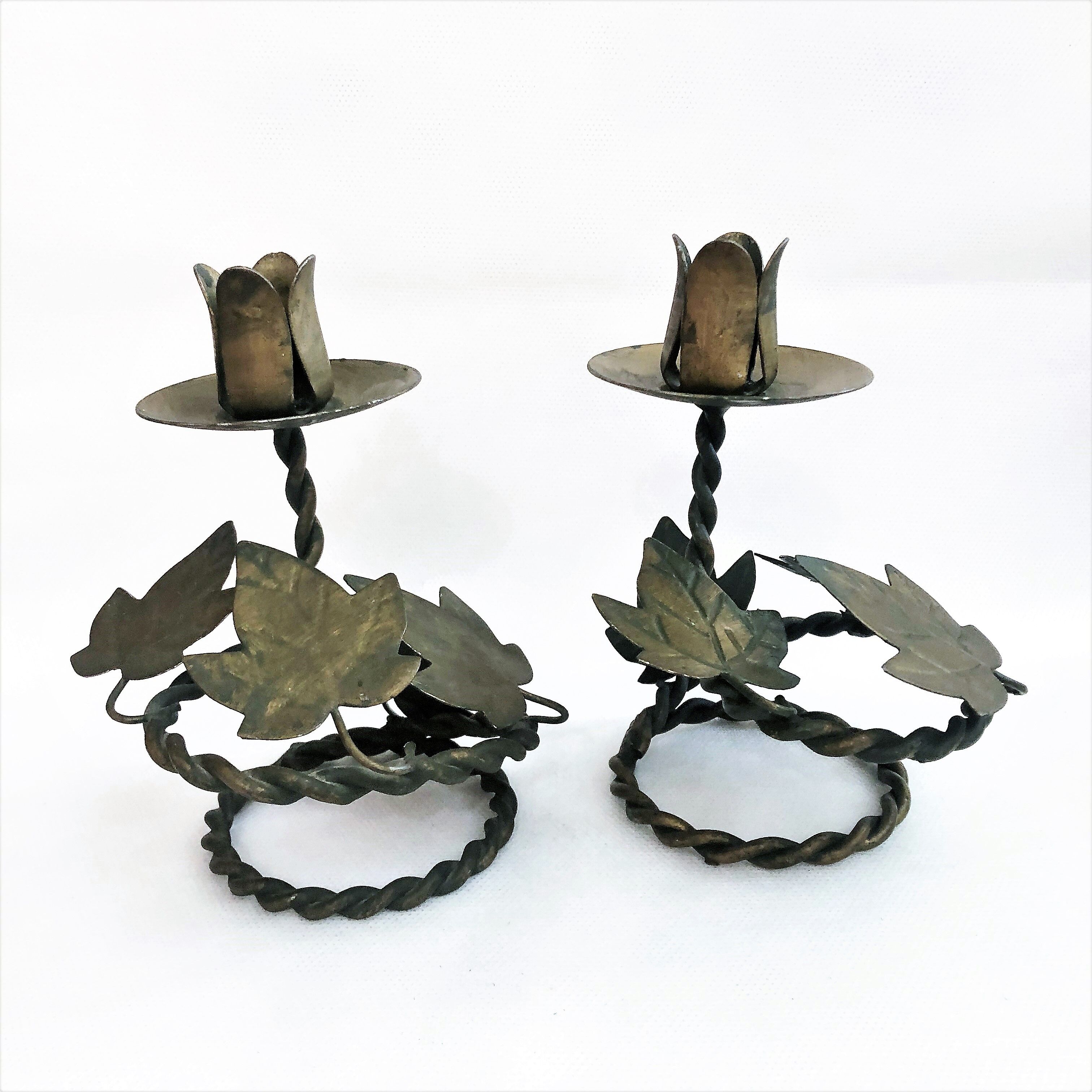 Pair of handcrafted wrought iron candlesticks vintage foliage
