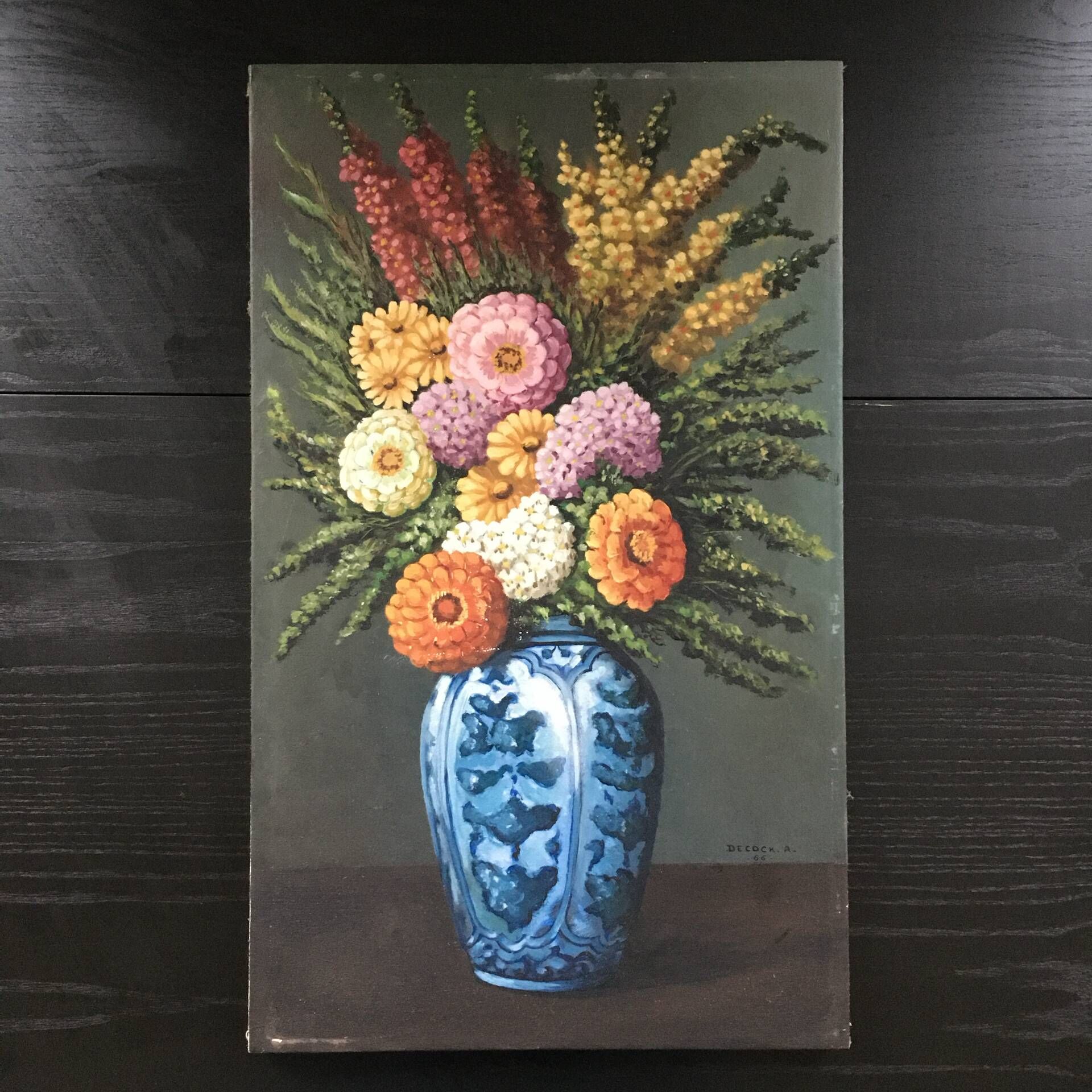 Tableau bouquet de dahlias signé Decock 66