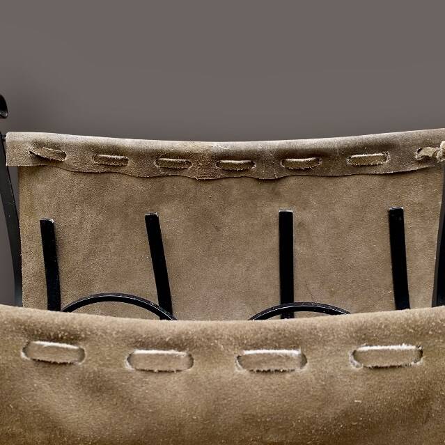 Antique wrought iron, wood and suede magazine rack - 4.1 kg - 1950s