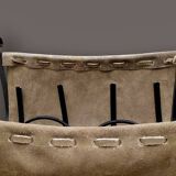 Antique wrought iron, wood and suede magazine rack - 4.1 kg - 1950s