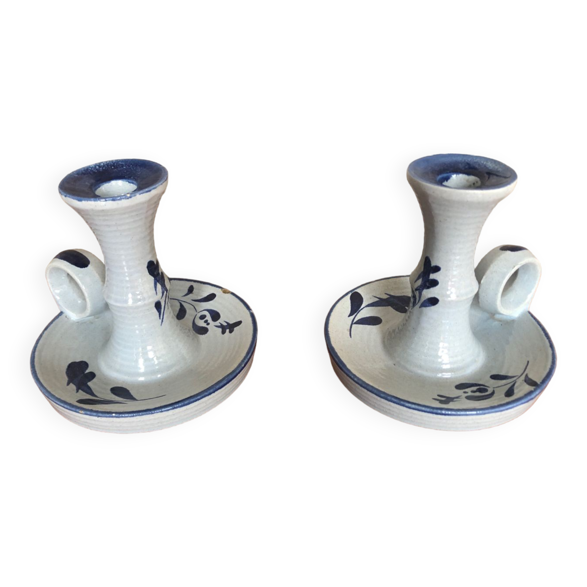 Old pair of hand candlesticks st clément céramique bleue france #a266