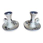 Ancienne paire de bougeoirs a main st clément céramique bleue france #a266