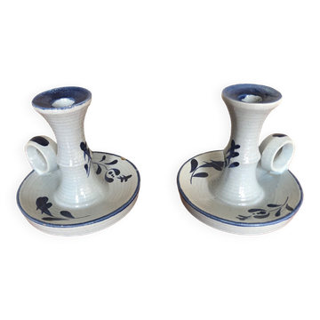 Old pair of hand candlesticks st clément céramique bleue france #a266