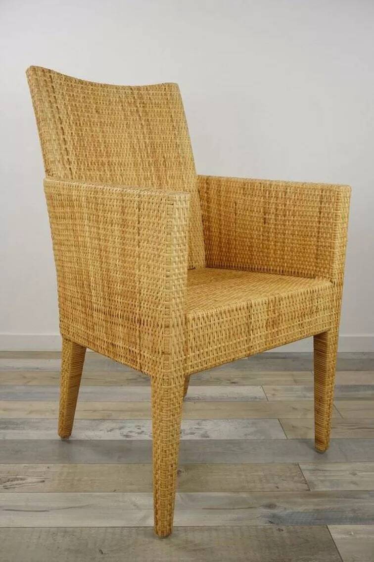 Bridge-style armchair in wood and woven rattan
