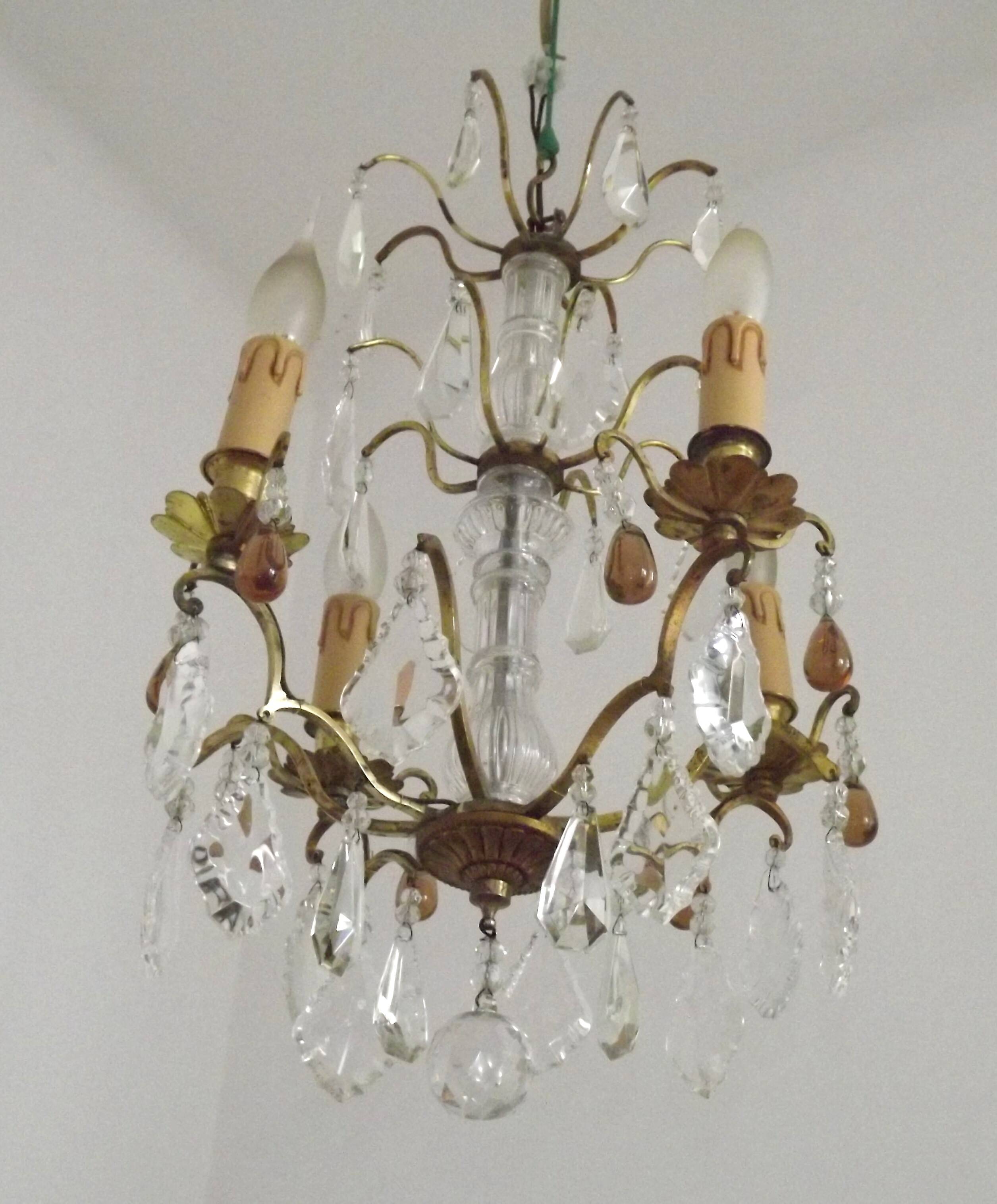 French vintage brass glass crystal 4 light chandelier with Murano droplets 4991