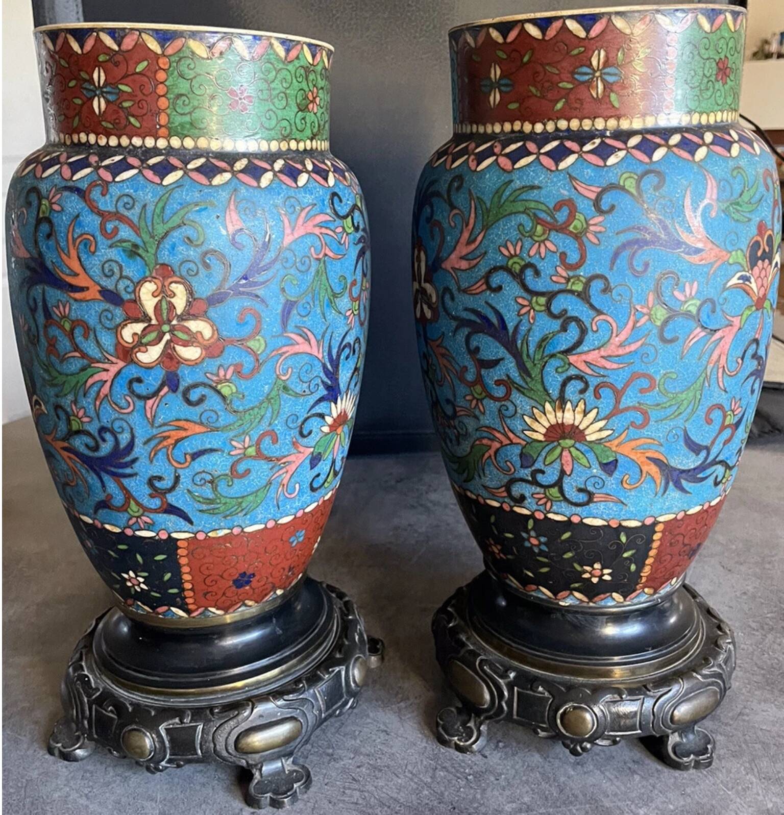 PAIR of Cloisonné Ceramic VASES, Floral Decoration, Bronze Base