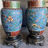 PAIR of Cloisonné Ceramic VASES, Floral Decoration, Bronze Base
