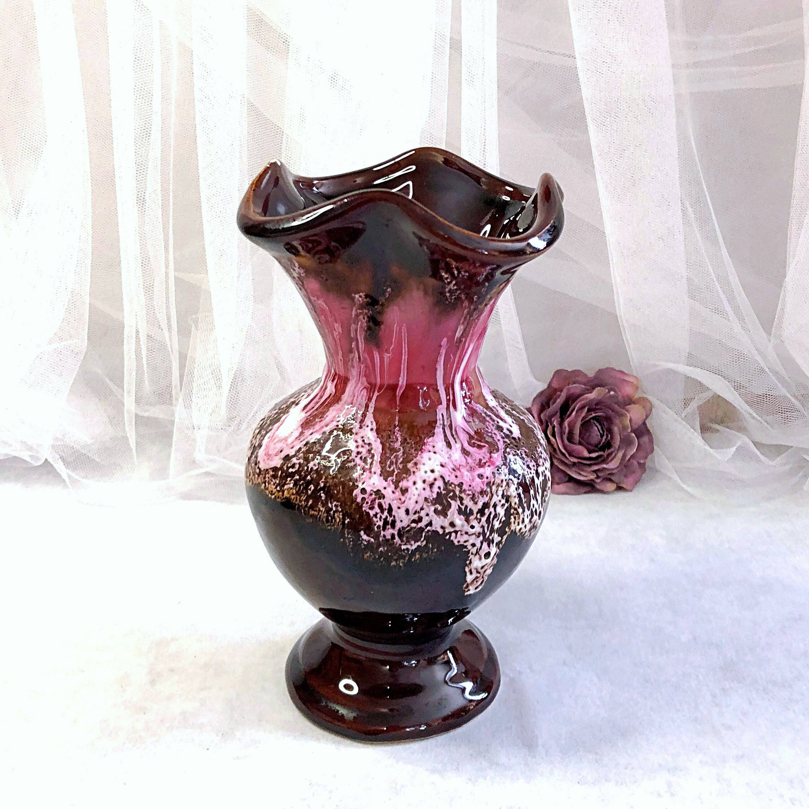 Seafoam tulipwood vase, brown and pink, Vallauris, signed PG