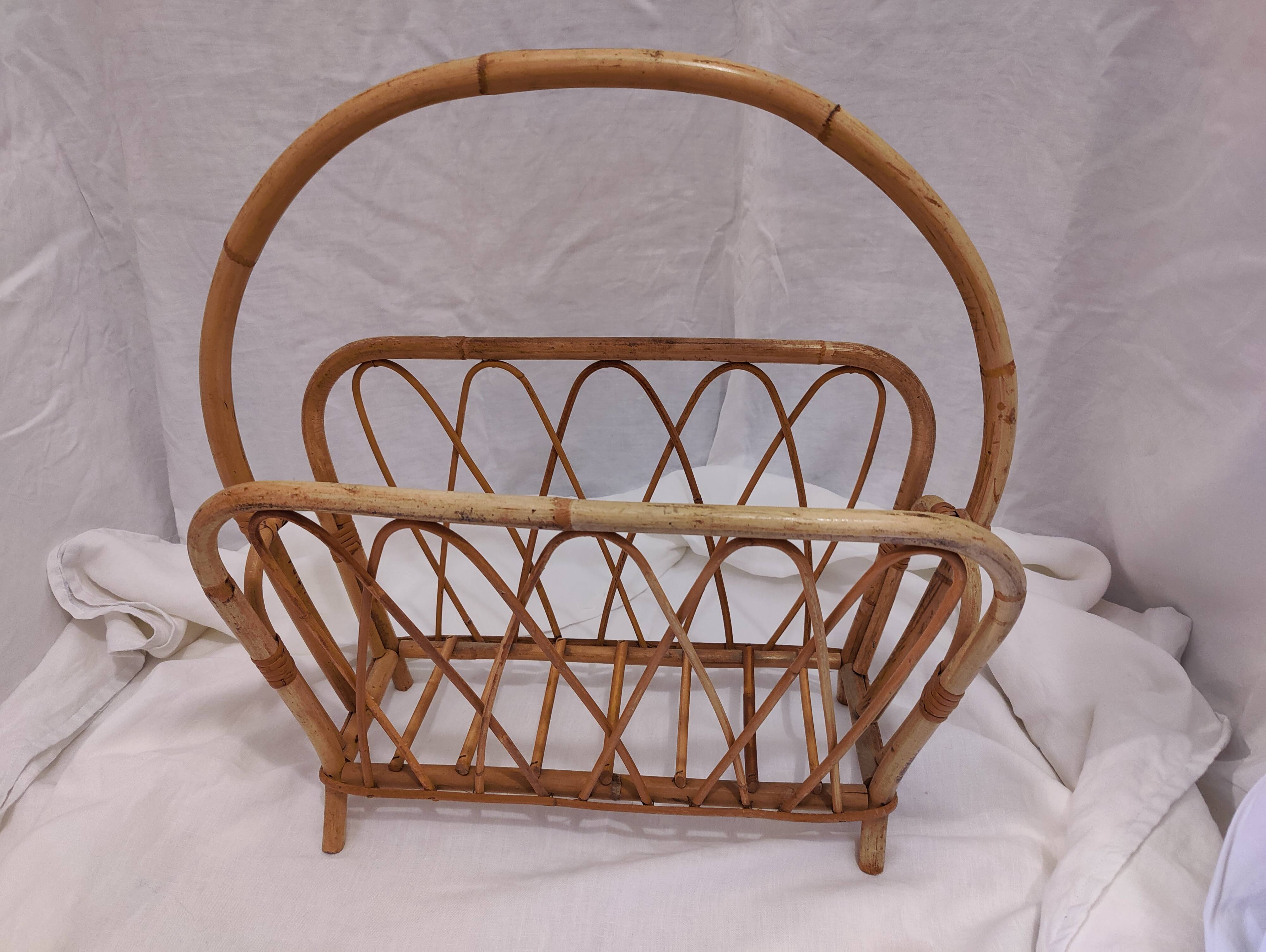 Vintage 1950s woven wicker magazine rack