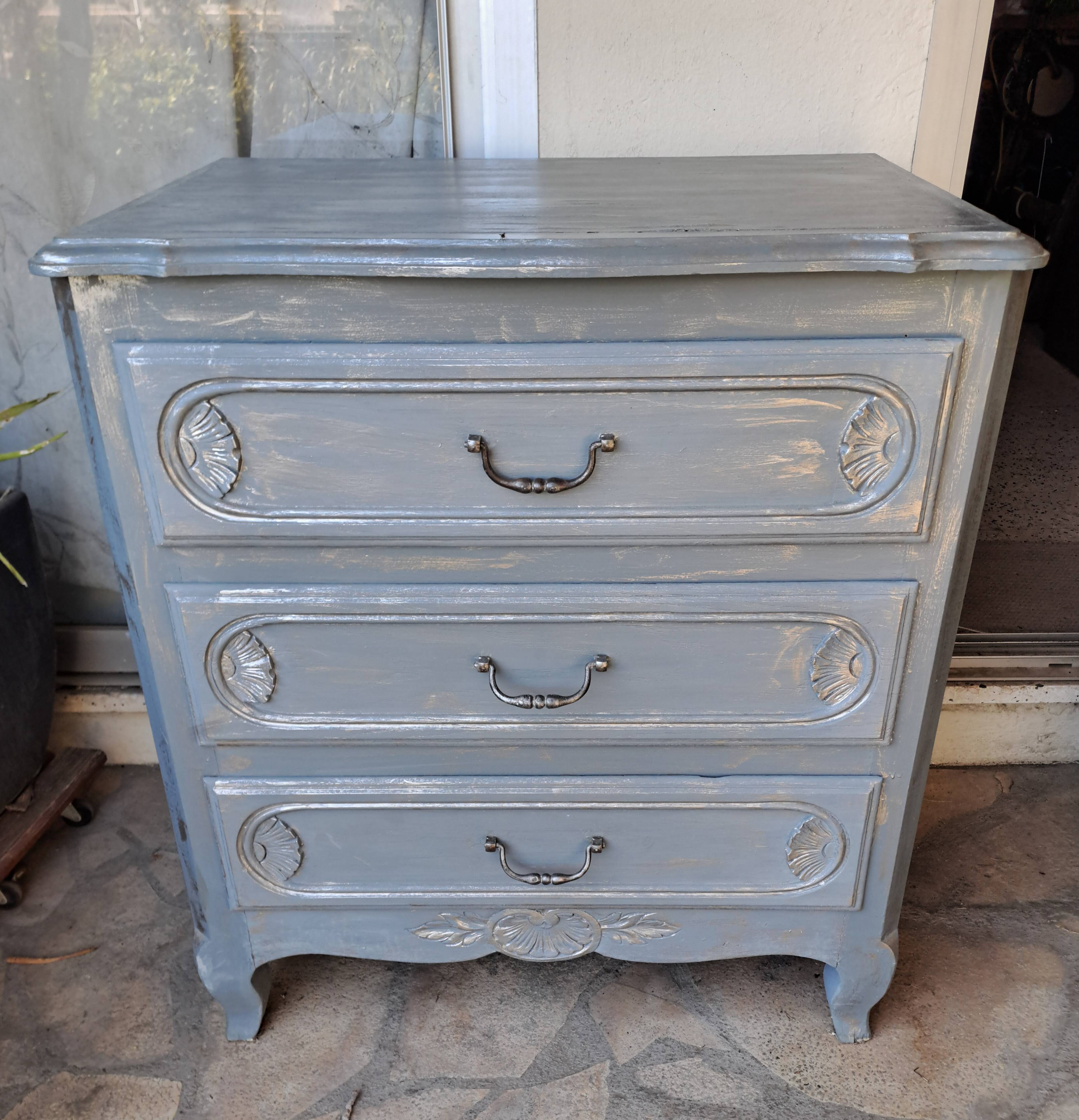 Solid wood chest of drawers painted gray and patinated silver 1940 with 3 drawers