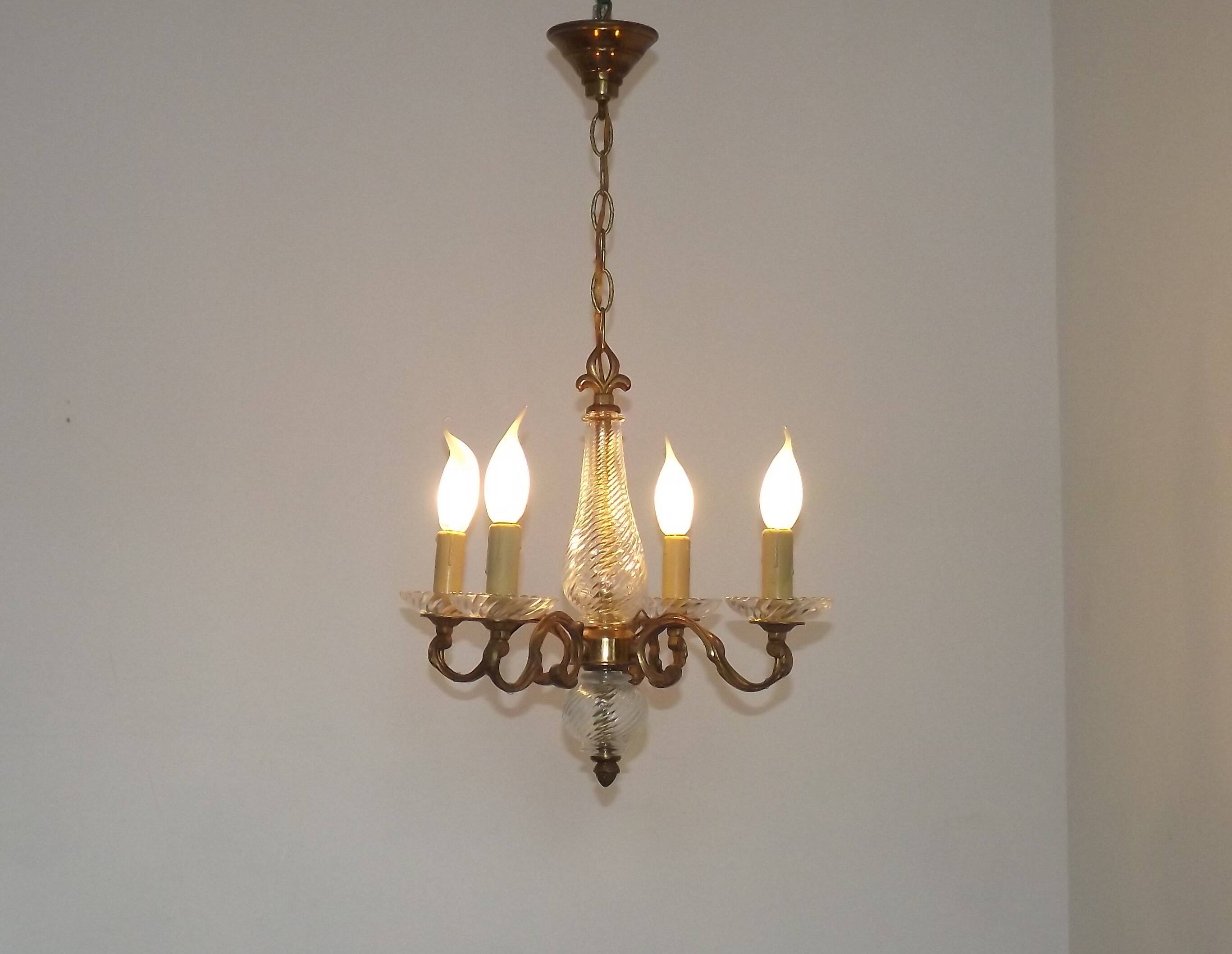 Mid-Century Bronze & Cut Glass 4-Light Chandelier with Fleur-de-Lys Detail
