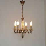 Mid-Century Bronze & Cut Glass 4-Light Chandelier with Fleur-de-Lys Detail