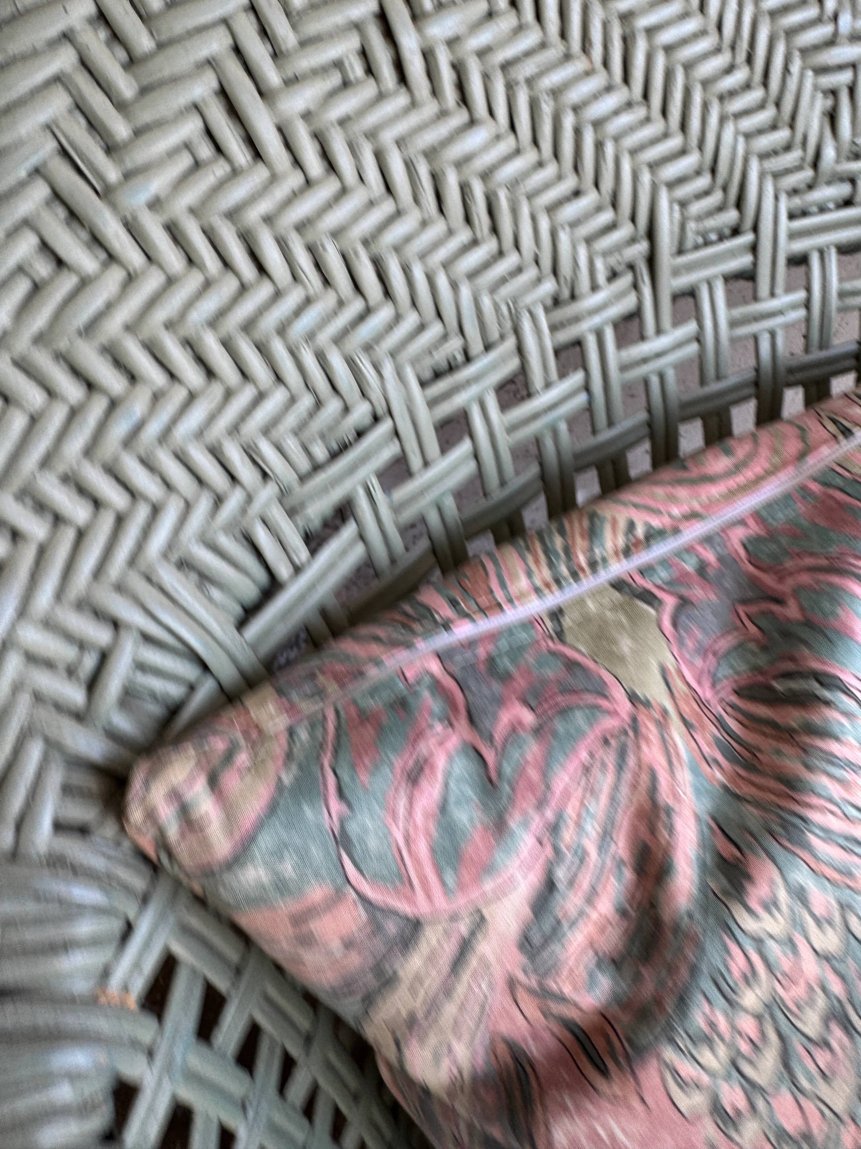 Mint Green Wicker Lounge Chair with Pastel Cotton Cushions — 1980s Coastal Revival