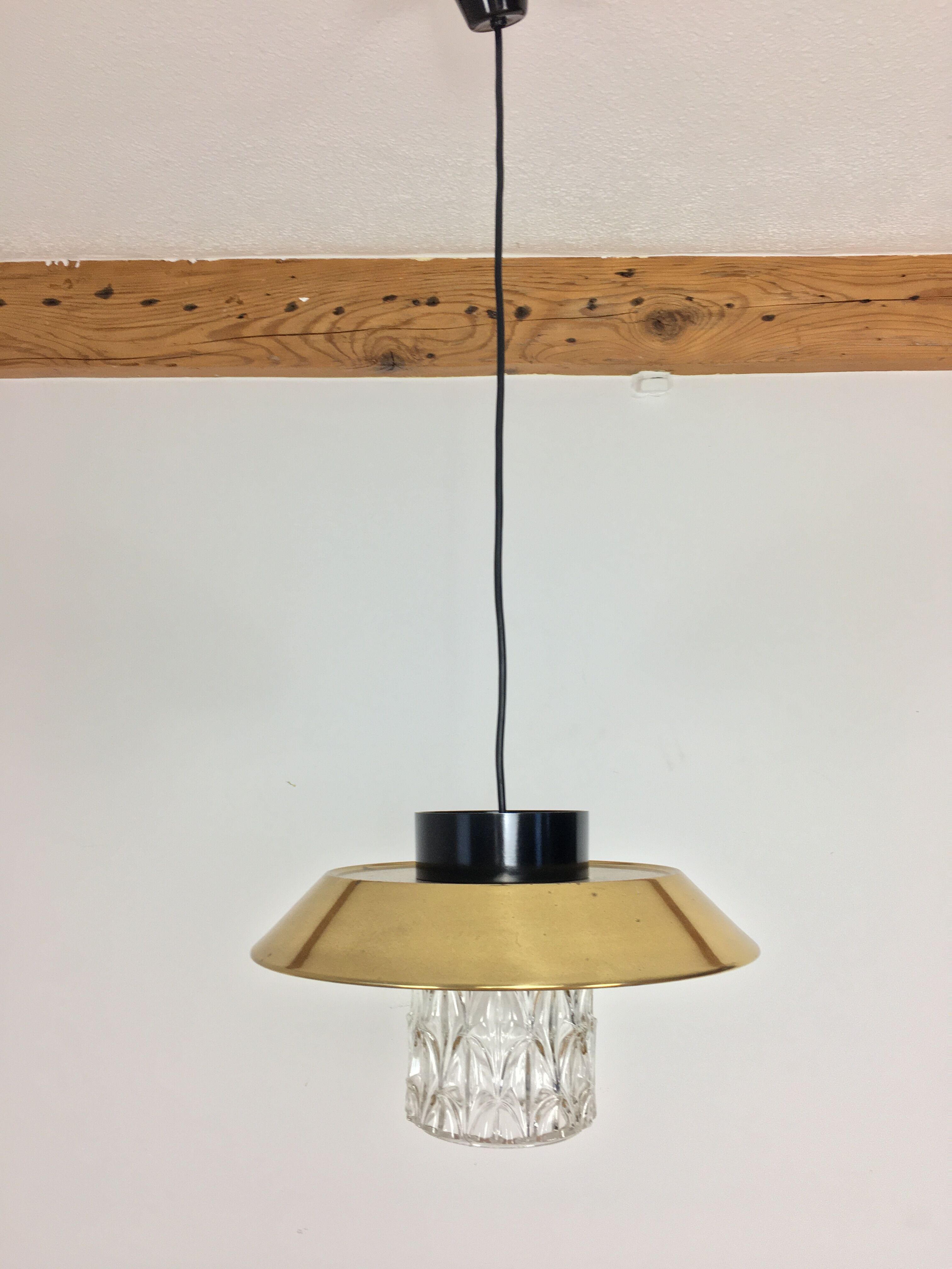 Scandinavian hanging lamp, brass and glass 1950